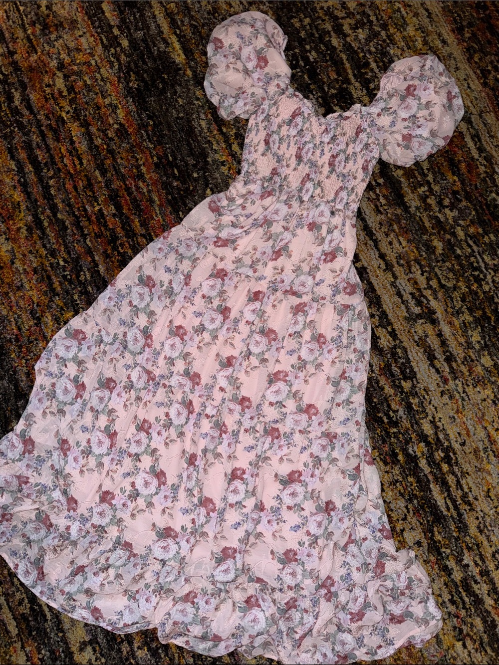 Flowy Romantic Pink Rose Smocked Dress with Ruffle Details
